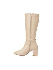 Bota de mujer larga de vestir con tacón ancho y acabado napa tacón medio color beige - Beis - Ver 4