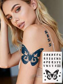 CAT QUEEN ART Herbal Juice Semi-Permanent Y2K Large Floral Arm Tattoo Sticker, Minimalist Word Character Butterfly Pattern, 1-2 Weeks No Fading, Wrist Shoulder Neck Body Tattoo Sticker, 1pc/Pack - Blue - View 9
