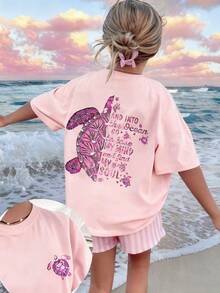 1 件 Tween 女童热带海龟印花夏季短袖 T 恤，适合海滩旅行的学生儿童服装 - 粉色 - 查看 3