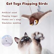 1pc Random Color Migipaws Cat Doll, Interactive Realistic Mockingbird Flapping Wings Doll, Includes Cat, Feathers Suspended By Elastic Cord, Auto Chirping, Suitable For Indoor Cat Self-Play, Sparrow Bird Plush Pet Doll