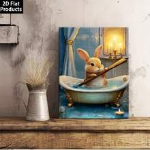 Pintura de arte abstracto plano 2D estilo inodoro, póster en lienzo con marco de madera, conejo bañándose en un elegante baño en una bañera vintage, incluye bolígrafo, adecuado para decoración de dormitorio, sala de estar, cocina, pasillo, baño, regalo de decoración del hogar, decoración navideña - transparente - Ver 1