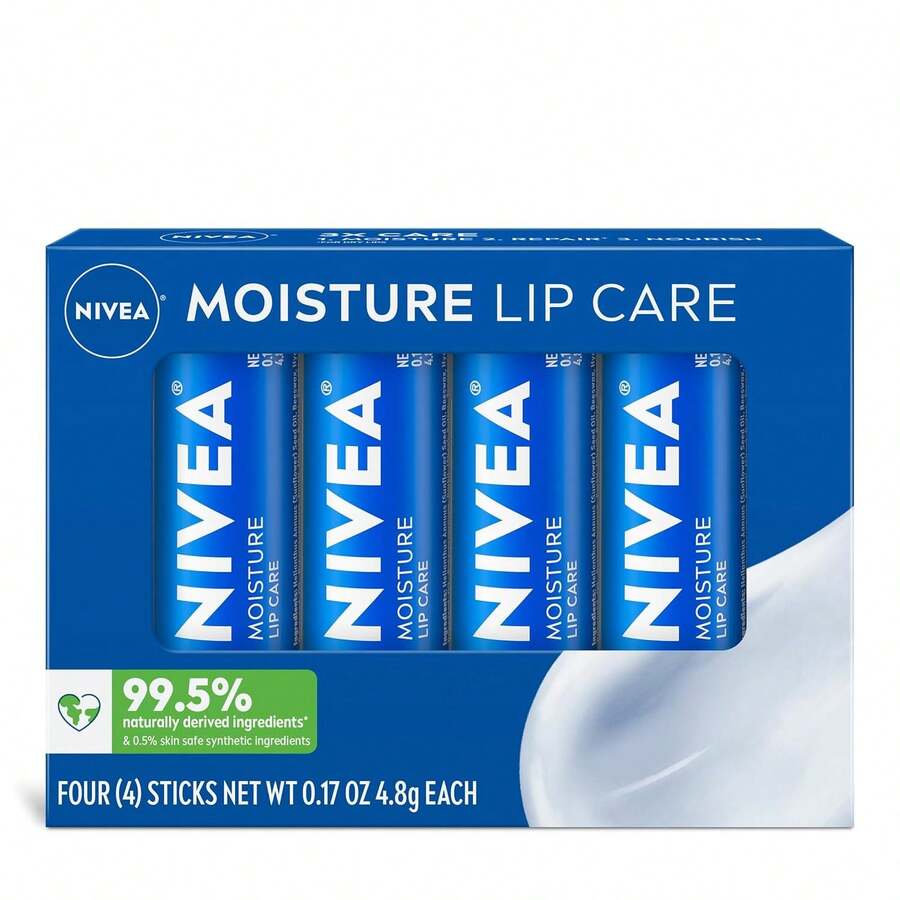 NIVEA Moisture Lip Care, Hydrating Lip Balm With Shea Butter, Nourishing Oils And Vitamin C & E, 3-In-1 Moisture, Repair And Nourish, 0.17 Oz Stick, Pack Of 4, For Dry Lips, Long Lasting, Unisex, Winter Lip Care Essentials, New Year Hydrating Lip Set - Blue - View 1