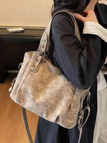 Nouveau sac fourre-tout de grande capacité, sac à épaule polyvalent pour femmes, sac bandoulière et sous le bras de couleur unie mate - Kaki - Voir 4