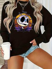 Nightmare Before Christmas Women's Sweatshirt - Tim -Inspired  & Sally Design, Cozy Long Sleeve Crewneck Pullover For Fall/Winter, Casual & Themed Events, Machine Washable, Nightmare Before Christmas Collectible Apparel - 黑色 - 查看 1