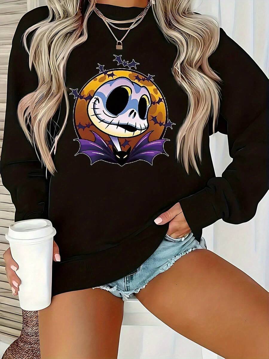 Nightmare Before Christmas Women's Sweatshirt - Tim -Inspired & Sally Design, Cozy Long Sleeve Crewneck Pullover For Fall/Winter, Casual & Themed Events, Machine Washable, Nightmare Before Christmas Collectible Apparel - 黑色 - 查看 1