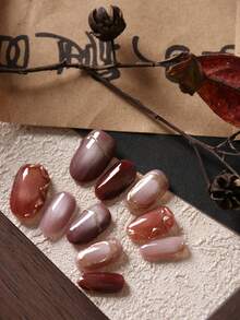 10pcs Nail Stickers, Red Cat Eye, Brown, Gold Lace Short Nail Stickers, Includes 1pc Adhesive Sticker And 1pc Mini Nail File. - Multicolor - View 2