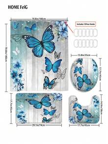 4pcs Blue Butterfly Floral Wood Shower Bathroom Set, Fresh Nature-Inspired Waterproof And Wear-Resistant Bathroom Decor And Accessories,With 12 Hooks - Includes Toilet Seat Cover, Bath Mats, And Rugs Polyester Fabric - Washable - Perfect For Holiday Decor,Gift,Home/Bedroom/House/Western Decoration,Spring Decorations - 彩色 - 查看 12