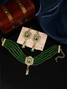 1 Set Luxury Handmade Necklace And Earrings Jewelry Set For Women, Includes Necklace And Earrings, Multi-Layer Design With Metal Pendant, Moroccan Style Bridal Wedding Party Jewelry Gift