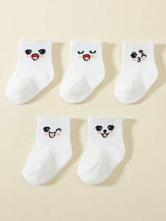 5 Pairs Baby Cute Expression Mid-Calf Socks, Suitable For Spring, Autumn And All Seasons