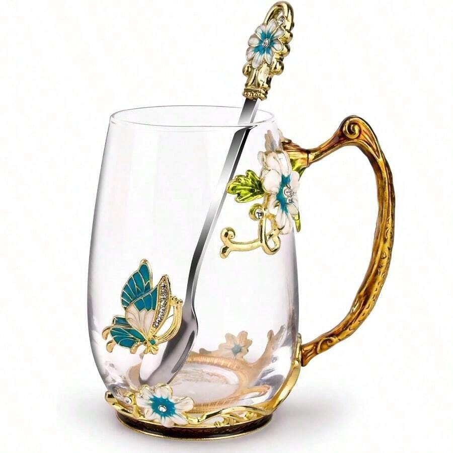 Tazas de Café de Vidrio de Té 12 oz Tazas de Esmalte Hechas a Mano con set de cuchara Regalos del Día de la Madre para mamá/abuela Regalos de Navidad de bodas de Cumpleaños para mujeres - CrisantemoOtro - Ver 1