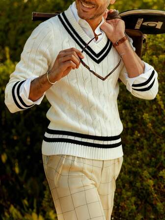 Suéter de cuello en V blanco con jacquard, estilo universitario informal para hombres, primavera otoño invierno