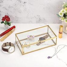 Hipiwe Vintage Glass Keepsake Box Rectangle Jewelry Display Organizer Box Vanity Lidded Box Home Decor Accent Decorative Box For Storage Trinket Rings Bracelet - Gold - View 2