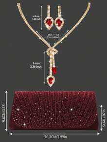 闪亮水钻翻盖晚宴包，优雅褶皱手拿包，适合派对，附赠3件套水钻首饰——吊坠项链和耳环，适合派对、晚宴、聚会、舞会、婚礼和其他场合。 - 酒紅色 - 查看 4
