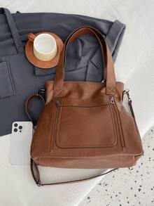 1 件复古大容量手提包，复古 PU 单肩斜挎包，女士休闲手提包和钱包 - 棕色 - 查看 8