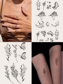 9PCS Minimalist Finger Tattoo Stickers Black Pen Lines Flower Butterfly Constellation Small Animal Pattern Temporary Fake Tattoo Stickers Suitable For Finger Ear Shoulder Neck Collarbone DIY Daily Party Festival Gift Body Waterproof Realistic Tattoo Stickers