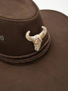 1pc Unisex Animal Bull Head Decor Hat, Wide Brim Western Style Cowboy Hat, Punk Rock Fashion, Adjustable Wind Rope Design, Suitable For Daily Wear, Concerts, Outdoor - A - View 11