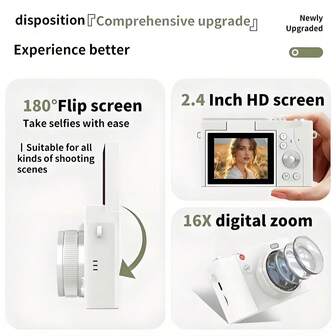 Cámara digital de 64MP con pantalla giratoria, lente de 16X zoom, carga USB y batería recargable - Cámara compacta ideal para principiantes, estudiantes, viajes y vlogging, regalo perfecto para Navidad, cumpleaños y vuelta al cole