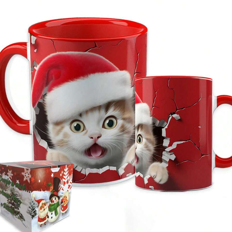 Christmas Mug Red Porcelain Decoration Gift Happy Santa Claus Cat - Đỏ - Xem 1