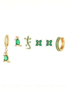 6pcs Creative Green Micro-Inlaid Zirconia Dinosaur Animal Stud Earrings, Minimalist & Fashionable, Versatile
