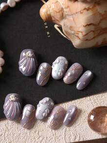 10 piezas de uñas postizas acrílicas con degradado de color púrpura aurora, efecto ojo de gato, diseño de sirena, para uso diario en la oficina. Incluye 1 hoja de pegatinas adhesivas y 1 lima de uñas mini.