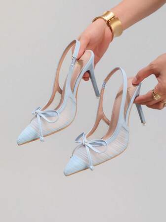 蕾丝蝴蝶结尖头高跟鞋，性感镂空透气时尚蓝色细高跟鞋，适合派对和晚宴