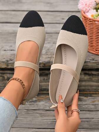 Women's New Pointed Toe Flat Slip-On Shoes, Breathable Soft Bottom Comfortable Commuter Shoes, Foot Strap Bicolor Patchwork, Minimalist Office Shoes, Non-Stuffy Business Women Shoes, Black & White, Elegant Work Shoes