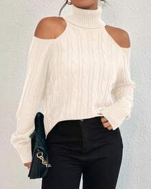 Womens Cold Shoulder Turtleneck Sweaters Fall Long Sleeve Soft Knit Pullovers Jumper Tops - Màu vàng - Xem 5