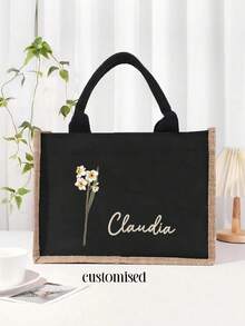 Sacola de Aniagem Personalizada com Flor de Nascimento, Sacola de Aniagem Personalizada com Nome Floral para Ela, Sacola para Despedida de Solteira, Sacola para Madrinha, Presentes para Madrinhas - Preto - Visão 6