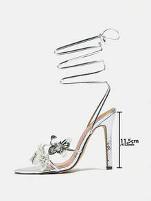 Women's High Heel Shoes, Fashion Elegant Party Pumps, Pointed Toe Butterfly Decor Criss-Cross Strap, Soft Snakeskin Texture Material, Sexy Luxury Style, Suitable For Banquet, Wedding, Prom, Silver Color,Spring Summer Outfits - Silver - View 7