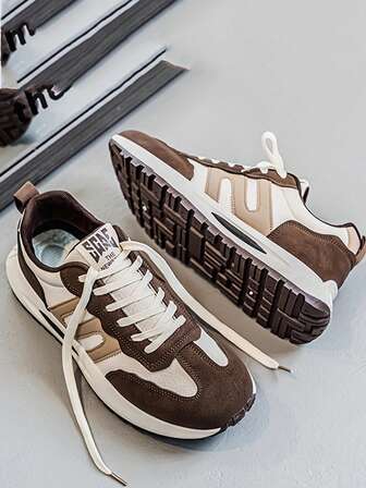 Men's Casual Thick Sole High-End Sneakers, Breathable Leather Upper, Comfortable Outdoor Running Shoes, Fashionable Chunky Sneakers For Teenagers, Autumn