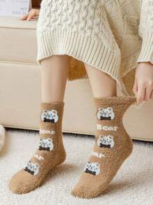 5 Paar süße Cartoon Bär Antirutsch Socken, warme Damen Mink Fleece Schlaf Socken für Herbst/Winter, geeignet für den täglichen Hausgebrauch