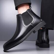 Men's Chelsea Boots, Casual Vintage Fashion Black Boots Slip On Vintage British Style All-Match Short Boots,New High-Top Motorcycle Boots, Versatile Casual Shoes, Korean Style, British Fashion Leather Shoes,Four Seasons - 黑色 - 查看 3