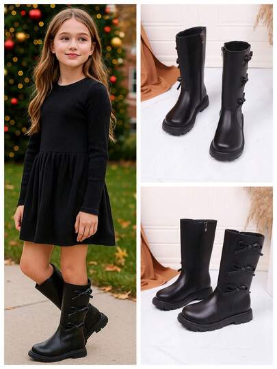 1 par de botas altas de piel de PU suave y cómoda para niñas pequeñas/niñas pequeñas, con lazo, cremallera lateral, puntera redonda, forro cálido, botas de montar clásicas de moda, adecuadas para niñas de 3 a 15 años, para uso diario, vacaciones, escuela, otoño/invierno