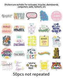 50张励志语录贴纸，涂鸦装饰贴纸，防水乙烯基贴纸，适用于水瓶、汽车、杯子、电脑、吉他、自行车、摩托车、滑板、头盔、行李箱、日记本等，DIY剪贴簿材料，美观贴纸套装 - 彩色 - 查看 5