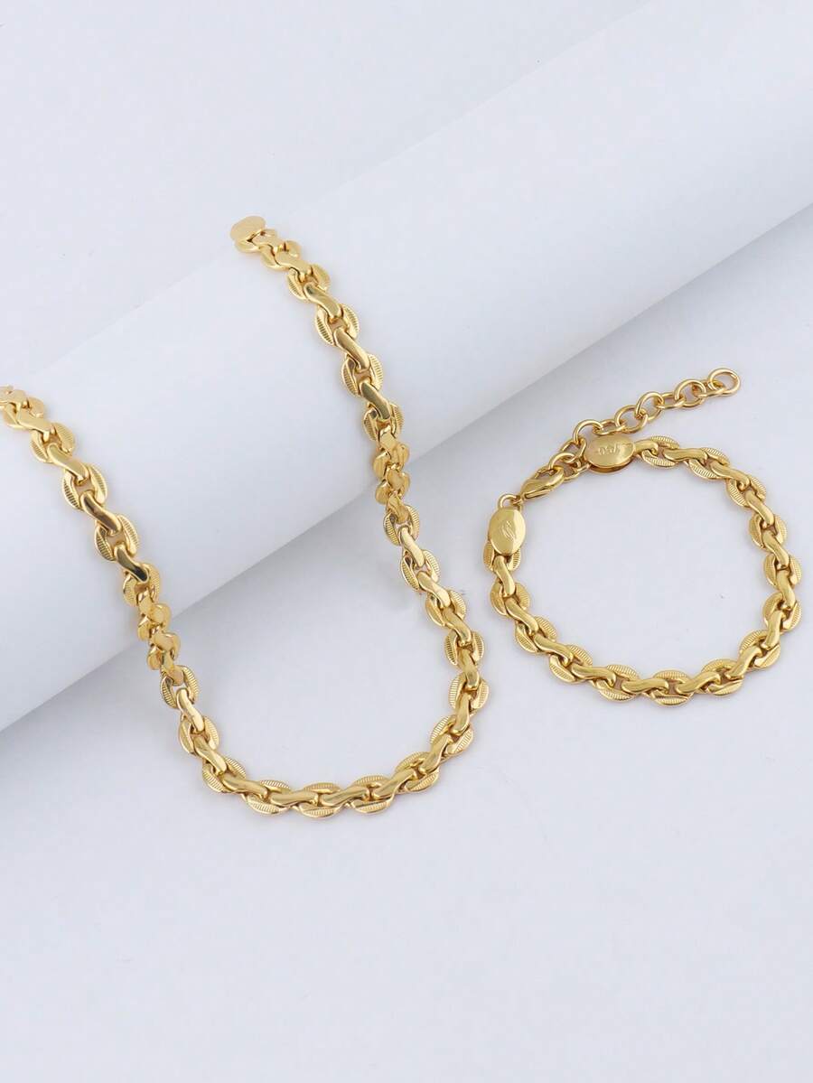 2-Piece Round Cuban Chain Set 24k Gold Plated Adjustable Necklace & Bracele Elegant Women's Gift Jewelry Set For Women - Vàng - Xem 1