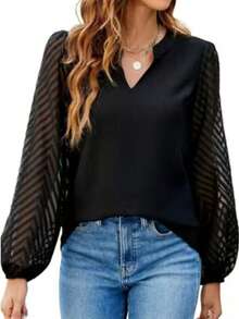 时尚黑色V领女式上衣，配以透视主教袖和撞色网纱装饰 - 黑色 - 查看 4