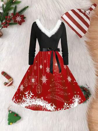 圣诞雪花印花V领长袖A字连衣裙，配毛领和丝带
