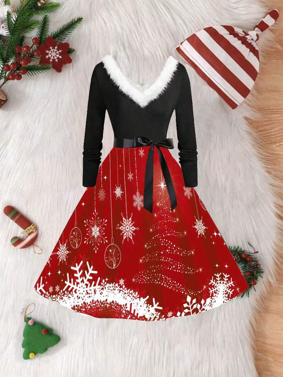 Christmas Snowflake Print V-Neck Long Sleeve A-Line Dress With Fur ...