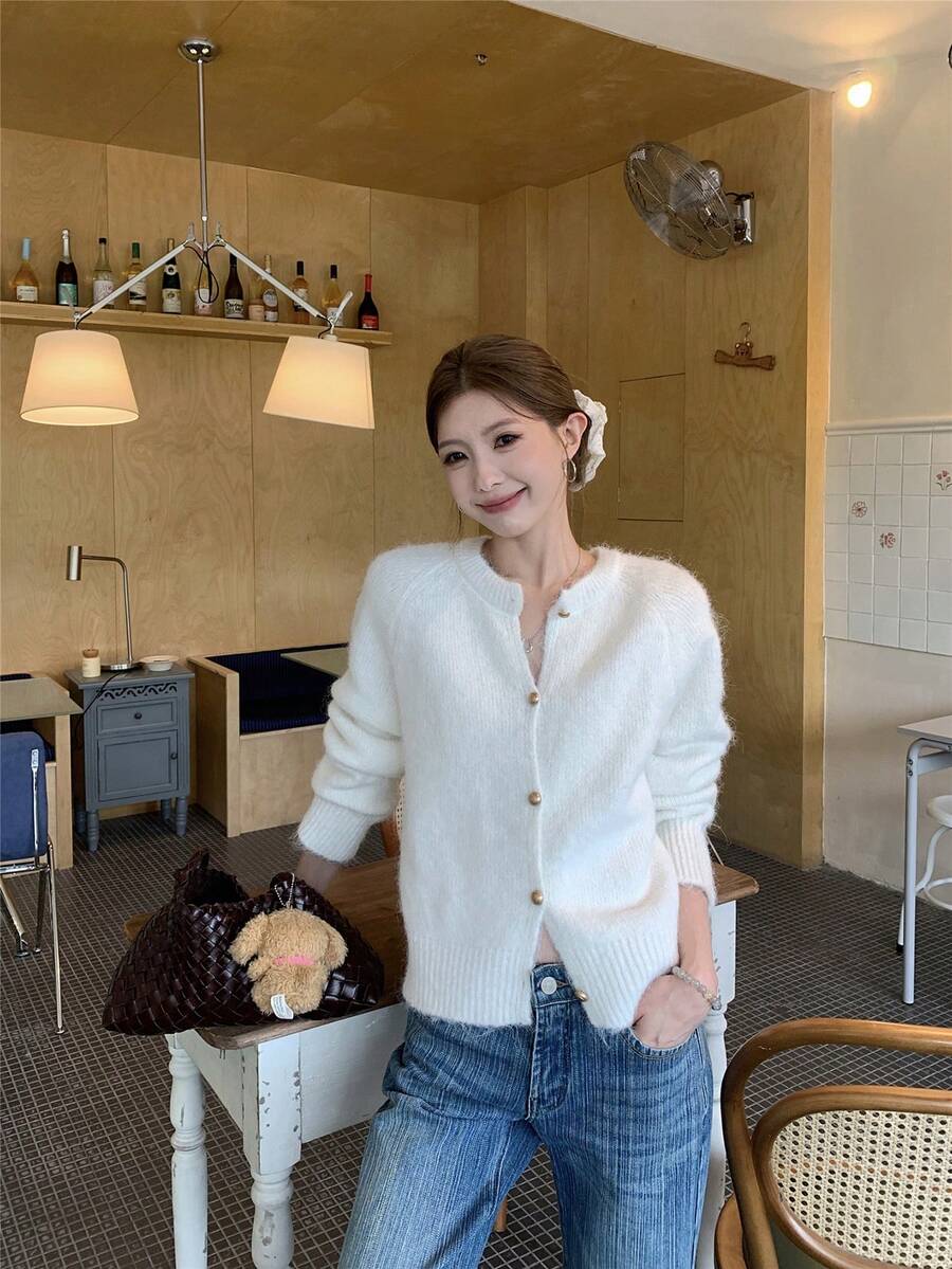 休闲宽松圆领针织开衫，韩版风格 - 白色 - 查看 1