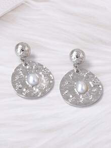 1 Pair Fashionable Alloy Crinkle Cubic Zirconia Faux Pearl Asymmetrical Round Disc Earrings, Versatile Minimalist Design For Daily Wear