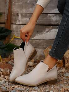 秋冬女士时尚切尔西靴，棕色皮革鞋面，舒适修身西部靴，后拉链设计，多色透气镂空款式 - 杏色 - 查看 4