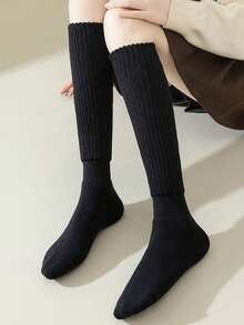 3 Pairs Women's Solid Color Socks, Casual & Versatile, Thick & Warm For Autumn/Winter, Over The Calf School Style, Cozy Socks - Multicolor - View 3