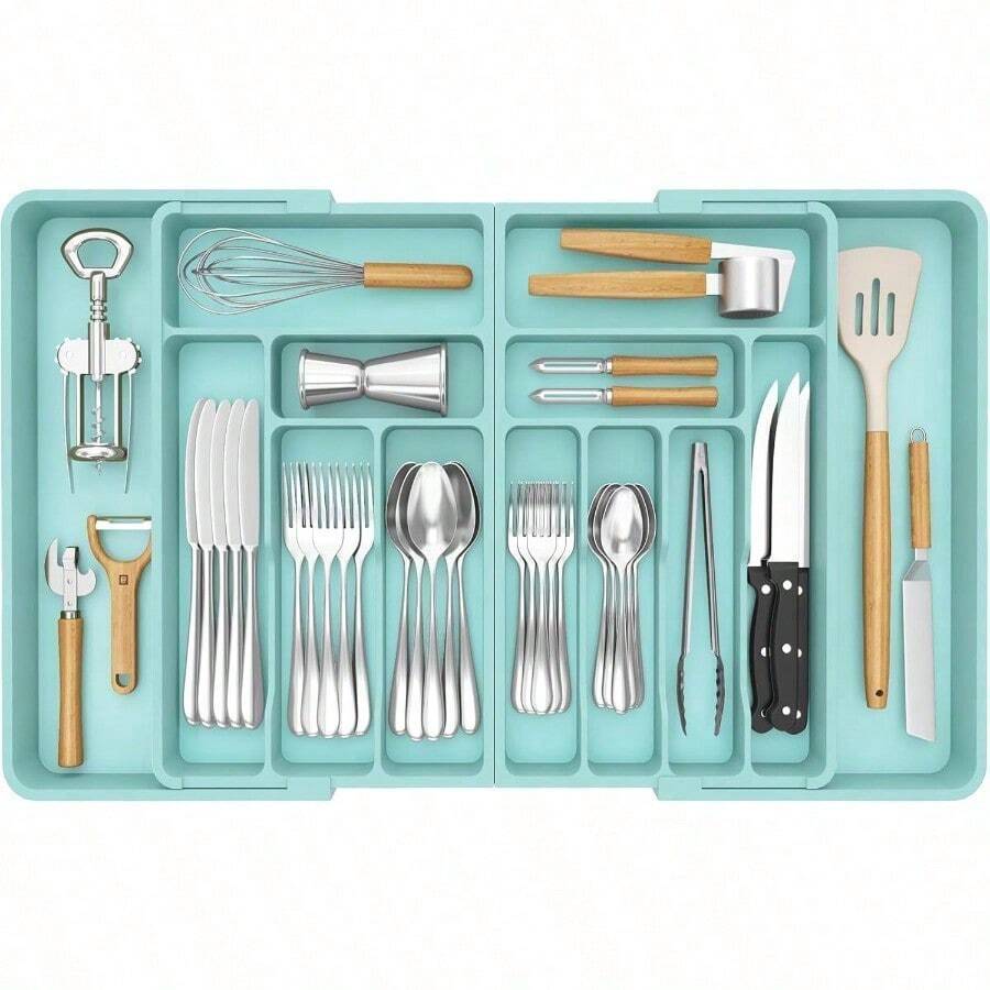 Lifewit Grandes Organizador Cuberteros para Cajon Extensible al 36 Pulgadas de Ancho BPA Free Bandeja Vajilla de Cocina Tabletas Separador de Plástico para Cuchillo/Cuchara/Tenedor Turquesa - Turquesa - Ver 1