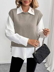 女士优雅无袖针织吊带背心，侧系带，轻盈透气休闲度假毛衣背心 - 卡其色 - 查看 7