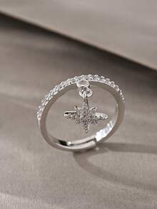 1pc Micro-Inlaid Zirconia Ring, Suitable For Women's Daily, Dating, Vacation, Wedding Wear - Silver - View 3