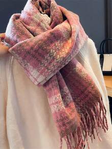 1 chiếc khăn choàng kẻ sọc phong cách Hàn Quốc màu hồng mềm mại, ấm áp và đa năng bằng len giả cho phụ nữ Phụ kiện mùa đông cho phụ nữ - Hồng - Xem 3