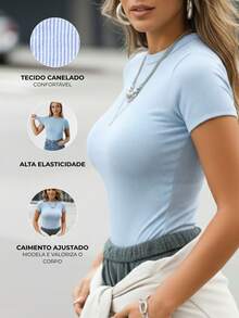 SET OF 2 Women's Short-Sleeve Baby Tee T-Shirts, Fitted, Ribbed, Basic, For Everyday Wear, Work, Travel - White and Blue - View 4