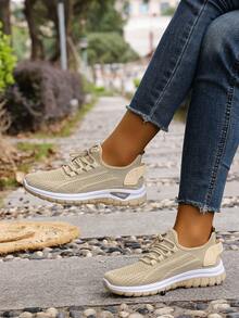 Women's Casual Athletic Shoes, Knitted Fashion Upper, Solid Color Casual Shoes, Simple And Versatile, Suitable For Sports, Fitness, Hiking, And Can Be Worn In 4 Seasons. Running Shoes, Everyday Walking Shoes, Minimalist Style, Multi-Functional Footwear, Refreshing And Fashionable Fabric, Flexible Sole, Low-Top Shoes, Casual Athletic Shoes, Outdoor , Fashionable Women. - Apricot - View 5