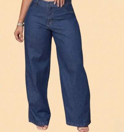 Calça Wide Leg Pantalona Jeans Feminina Cintura Alta PLUS SIZE  Simples    Bolso  Zíper  Botão    Escola