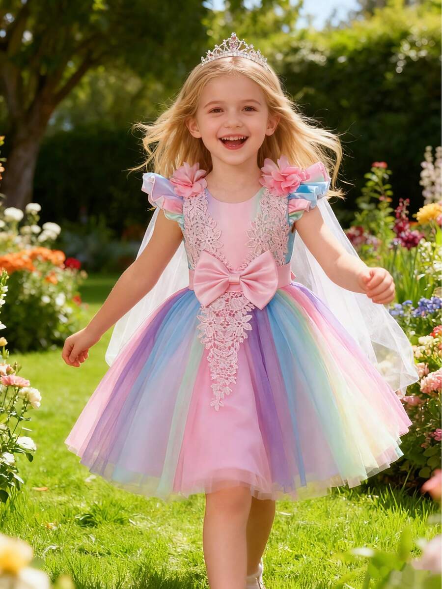 Vestido de princesa con decoración de lazo rosa dulce para niñas, vestido de encaje y parches de manga corta con degradado arcoíris de moda para niñas pequeñas, regalo del 1er cumpleaños del bebé, chal ligero y transparente, vestido de fiesta con decoración de flores 3D de malla de tul para niñas, adecuado para uso diario, fiestas, festivales y eventos escolares